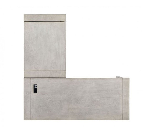 Prigala Antique White L-Shaped Corner Desk with USB Power Outlet Light gray wood-grain L-shaped modular cabinet or storage unit with a vertical upper section and a wider horizontal lower section, shown on a plain white background.