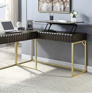Modern L-shaped desk with gold legs in a home office setting