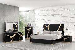 Primeberg Modern Black Gold Pattern Bed Modern bedroom furniture set featuring a black bed frame with gold marble-look panels, a matching dresser, nightstand, and tall cabinet, styled in a contemporary room with a marble accent wall.