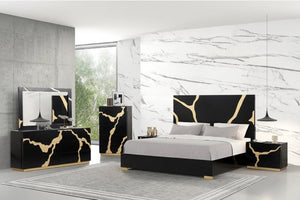 Primeberg Modern Black Gold Pattern Bed Modern bedroom furniture set featuring a black bed frame with gold marble-look panels, a matching dresser, nightstand, and tall cabinet, styled in a contemporary room with a marble accent wall.