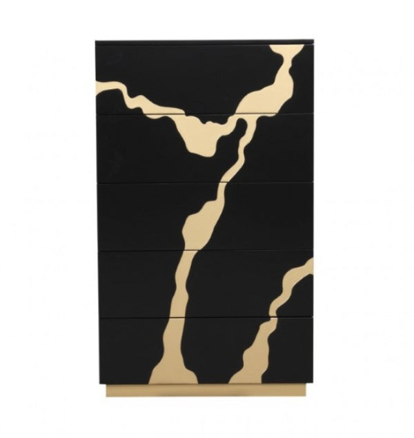 Primeberg Modern Black Gold Pattern Chest A modern black five-drawer chest of drawers featuring an organic, wavy gold marble-like pattern on the front and a matching gold metal base, shown against a plain white background.