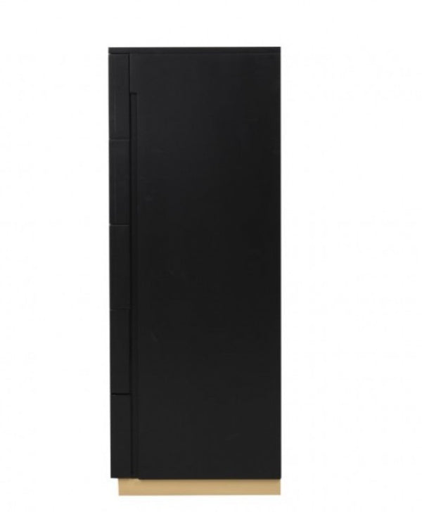 Primeberg Modern Black Gold Pattern Chest A tall, minimalist black cabinet or storage unit with a slim profile and a light beige base, shown against a plain white background.