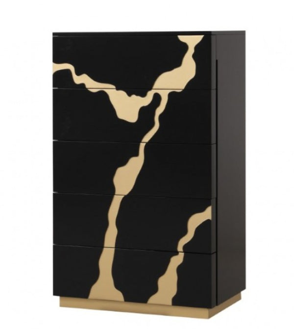 Primeberg Modern Black Gold Pattern Chest A five-drawer chest of drawers with a glossy black finish and a distinctive gold abstract marble vein pattern, set against a plain white background.