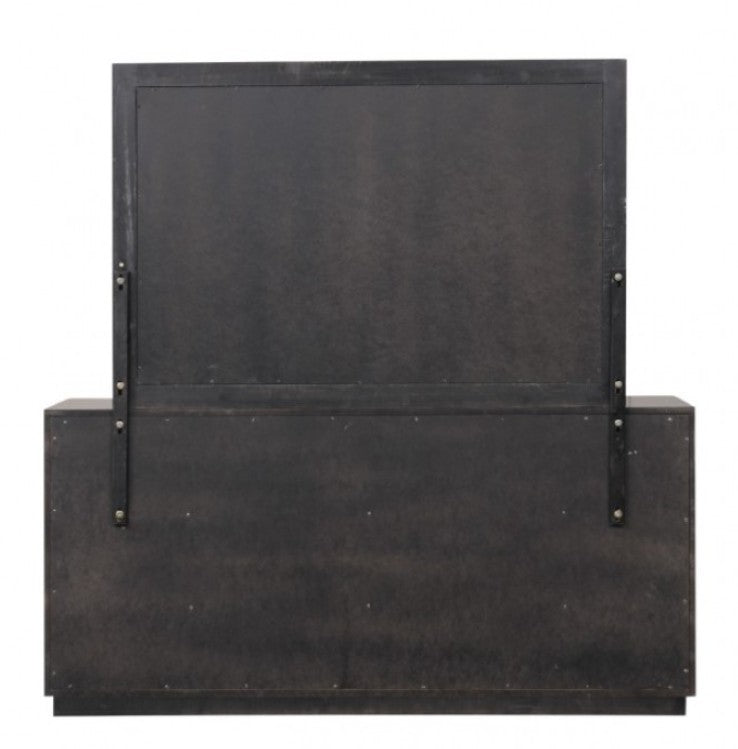 Primeberg Modern Black Gold Pattern Dresser A modern black and gold dresser with a matching mirror, styled in a contemporary room with a concrete wall and a window view.