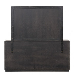 Primeberg Modern Black Gold Pattern Dresser A dark brown wooden chest of drawers with a matching back panel and brass-toned metal brackets, shown against a plain white background.