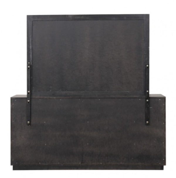 Primeberg Modern Black Gold Pattern Dresser A dark brown wooden chest of drawers with a matching back panel and brass-toned metal brackets, shown against a plain white background.