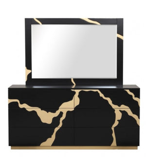 Primeberg Modern Black Gold Pattern Dresser A modern black dresser with a matching rectangular mirror, featuring a glossy black finish and distinctive gold marble vein patterns, set against a plain white background.