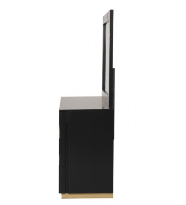 Primeberg Modern Black Gold Pattern Dresser A modern black vanity table with a tall integrated mirror and three drawers, shown from a side profile view on a plain white background.