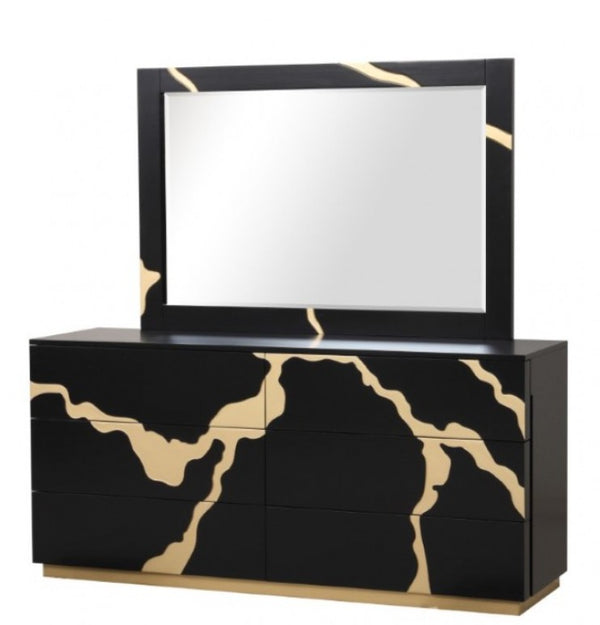 Primeberg Modern Black Gold Pattern Dresser A modern black dresser with a matching rectangular mirror, featuring a distinctive gold abstract vein pattern resembling marble, set against a plain white background.