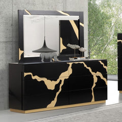 Primeberg Modern Black Gold Pattern Dresser A modern black and gold dresser with a matching mirror, styled in a contemporary room with a concrete wall and a window view.