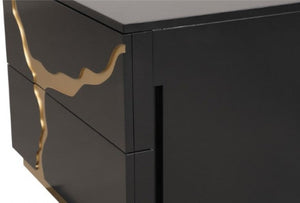 Primeberg Modern Black Gold Pattern Nightstand Close-up of a black furniture piece with a glossy finish and a distinctive wavy gold metal accent running vertically along the side.