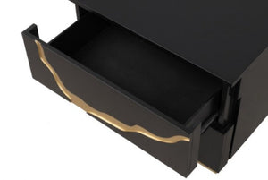 Primeberg Modern Black Gold Pattern Nightstand A close-up of a black drawer with an open front and a curved gold metal pull handle, shown against a white background.
