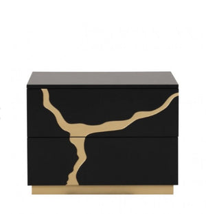 Primeberg Modern Black Gold Pattern Nightstand A modern two-drawer nightstand with a glossy black finish and a distinctive organic gold metallic inlay resembling a tree or branch, set against a plain white background.