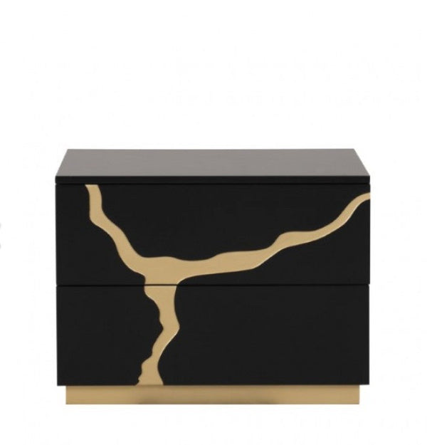 Primeberg Modern Black Gold Pattern Nightstand A modern two-drawer nightstand with a glossy black finish and a distinctive organic gold metallic inlay resembling a tree or branch, set against a plain white background.