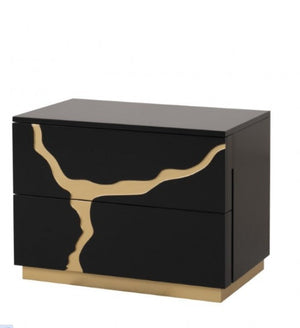 Primeberg Modern Black Gold Pattern Nightstand A modern two-drawer nightstand in glossy black with a distinctive gold abstract organic pattern on the front and a gold base, shown on a plain white background.