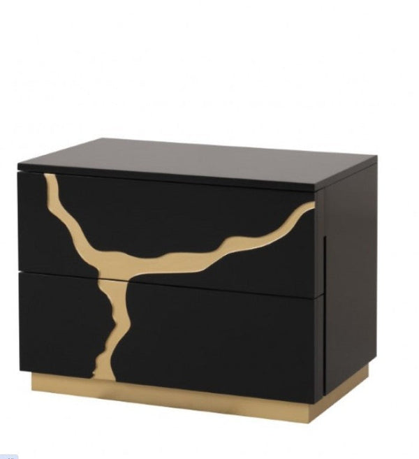 Primeberg Modern Black Gold Pattern Nightstand A modern two-drawer nightstand in glossy black with a distinctive gold abstract organic pattern on the front and a gold base, shown on a plain white background.