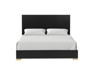 Primeberg Modern Black Pattern Bed A modern platform bed with a tall rectangular black headboard and matching black footboard, styled with white bedding and two white pillows, shown against a plain white background.