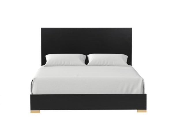 Primeberg Modern Black Pattern Bed A modern platform bed with a tall rectangular black headboard and matching black footboard, styled with white bedding and two white pillows, shown against a plain white background.