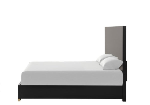 Primeberg Modern Black Pattern Bed A modern platform bed with a black frame and a tall, minimalist gray headboard, shown with white bedding and two pillows against a solid white background.