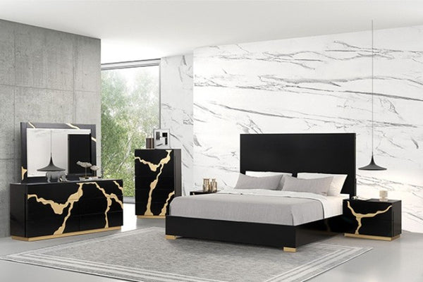 Primeberg Modern Black Pattern Bed Modern bedroom with black and gold furniture against a marble wall.