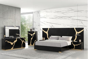 Primeberg Modern Black Gold Pattern Panel Bed Modern bedroom set with black and gold marble-patterned furniture against a marble wall.