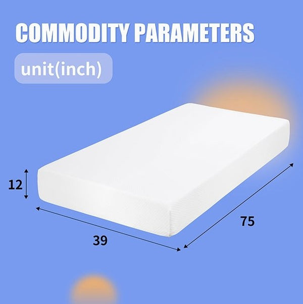 Primenite Memory Foam Mattress 12" A white rectangular mattress or cushion shown on a blue background with overlaid text reading 'COMMODITY PARAMETERS' and 'unit(inch)', plus dimension arrows labeled 12, 39, and 75.