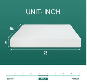 Primenite Memory Foam Mattress 6" A mattress dimension diagram showing a white mattress with labeled measurements of 75 inches length, 6 inches height, and 54 inches width on a green background, plus a firmness scale labeled softest to firmest.