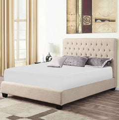 Primenite Memory Foam Mattress 8" A beige upholstered bed frame with a tufted headboard, shown with a white mattress and decorative pillows in a styled bedroom setting.