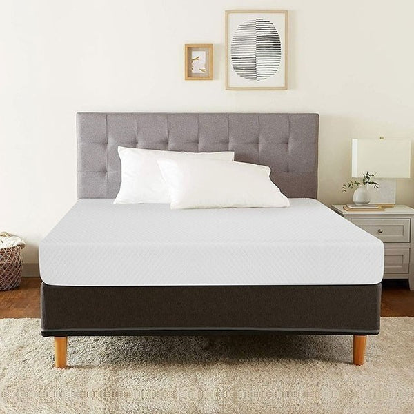 Primenite Memory Foam Mattress 8" Gray upholstered bed with white mattress and pillows in a bedroom setting.