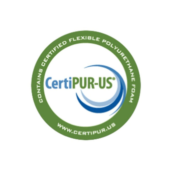 Primenite Memory Foam Mattress 8" A circular green and blue CertiPUR-US certification logo on a white background, with text reading 'CONTAINS CERTIFIED FLEXIBLE POLYURETHANE FOAM' and 'WWW.CERTIPUR.