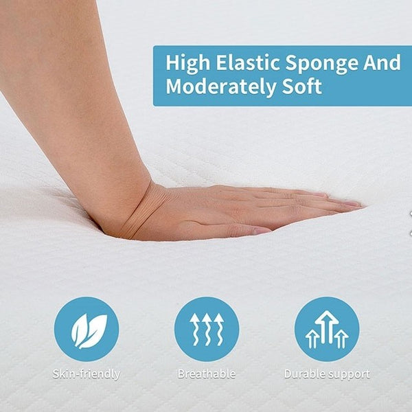 Primenite Memory Foam Mattress 8" A hand pressing into a white quilted mattress or cushion to demonstrate its high elasticity and moderate softness, with text reading 'High Elastic Sponge And Moderately Soft' and three feature icons below.