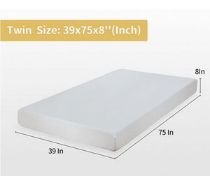 Primenite Memory Foam Mattress 8" A white twin-size mattress shown at an angle with dimension labels indicating 39 x 75 x 8 inches, on a light gray background with a yellow text box at the top.