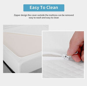 Primenite Memory Foam Mattress 8" A mattress cover shown on a bed corner with text reading 'Easy To Clean' and a close-up inset of a hand pulling a zipper on the cover to demonstrate removability.