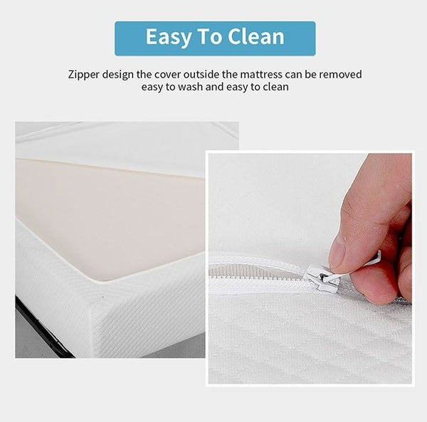 Primenite Memory Foam Mattress 8" A mattress cover shown on a bed corner with text reading 'Easy To Clean' and a close-up inset of a hand pulling a zipper on the cover to demonstrate removability.