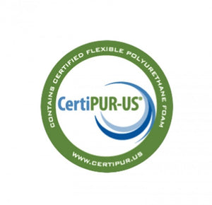 Primenite Memory Foam Mattress 12" Certipur-US certification logo on a white background, featuring a green circular border with white text and blue curved graphic elements.