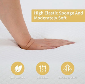 Primenite Memory Foam Mattress 12" A hand pressing down on a white textured mattress to demonstrate its high elasticity and moderate softness, with text overlays describing the material and three feature icons below.