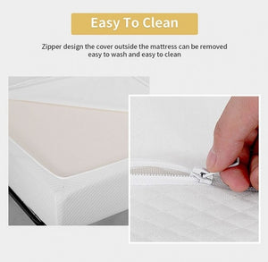 Primenite Memory Foam Mattress 12" A mattress cover shown with text reading 'Easy To Clean' and a close-up inset of a hand pulling a zipper to demonstrate removable cover access.