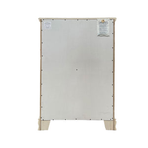 Primrose Gray Chest with Floral Accent The back view of a tall, rectangular appliance, likely a refrigerator or freezer, showing a large metallic silver back panel with mounting holes, stickers, and beige plastic feet at the bottom, isolated on a white background.