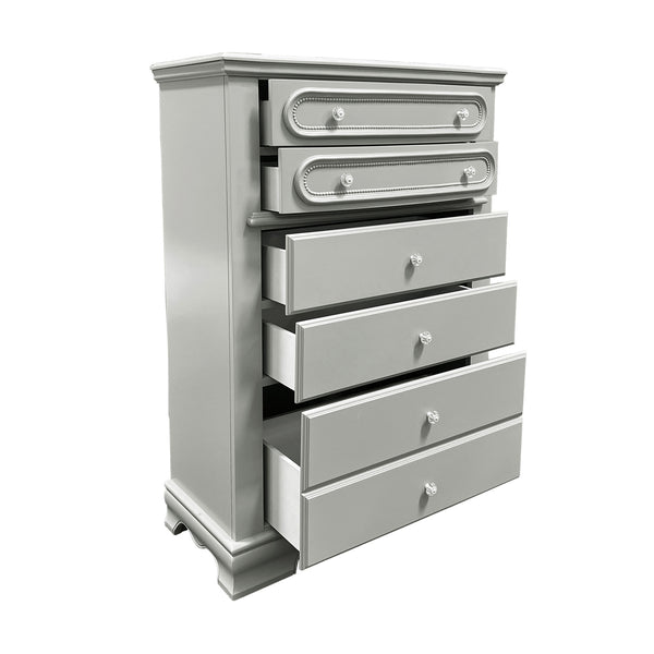 Primrose Gray Chest with Floral Accent Gray dresser with decorative silver handles on a white background