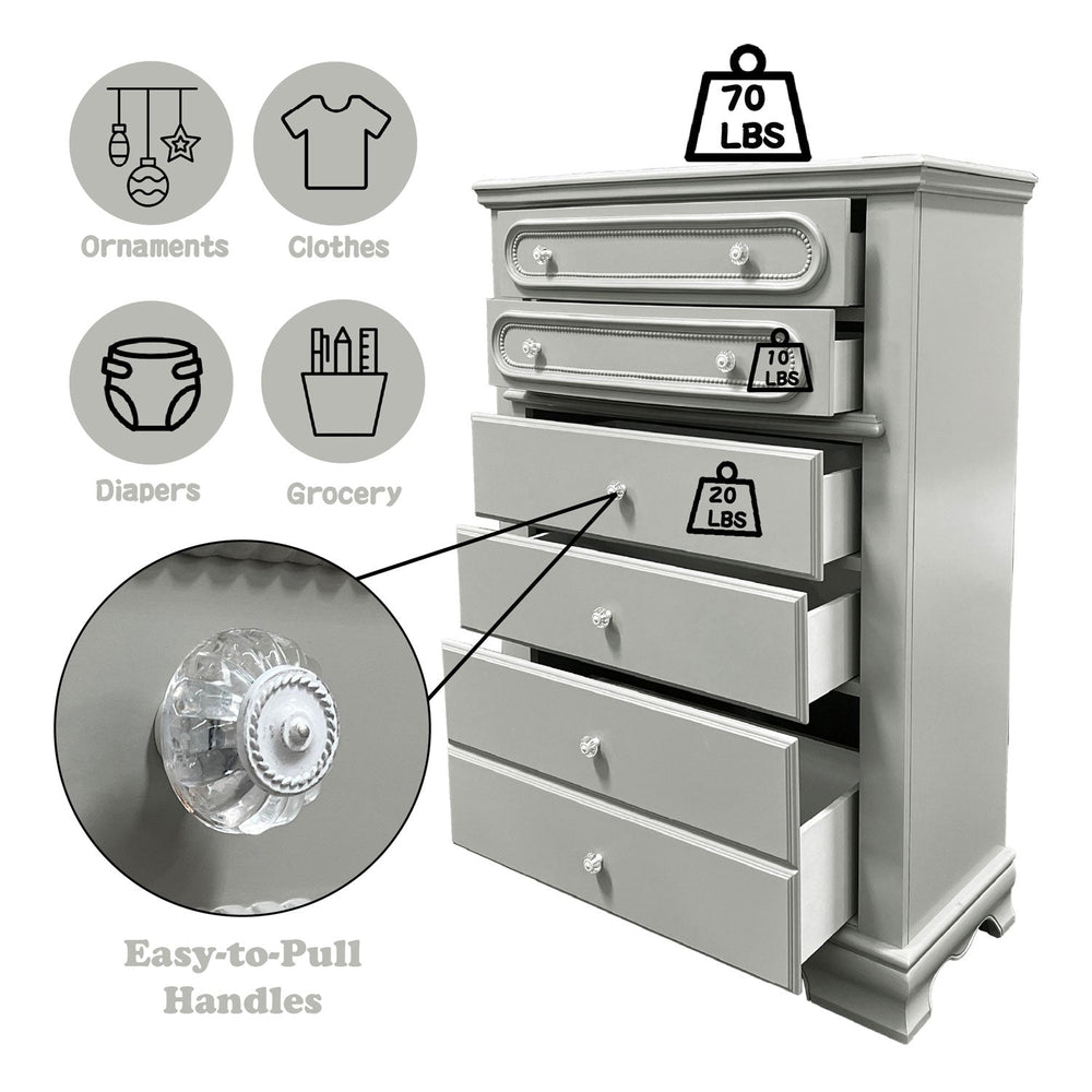 Primrose Gray Chest with Floral Accent A tall, narrow gray wooden chest of drawers with five drawers, featuring ornate drawer pulls and decorative molding on a plain white background.