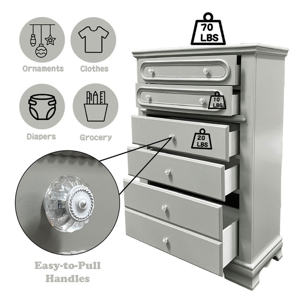 Primrose Gray Chest with Floral Accent A silver-gray 5-drawer dresser with clear round knobs, shown on a white background with feature callouts: weight limits on drawers, icons for ornaments, clothes, diapers, and grocery storage, and a close-up of an easy-to-pull handle.