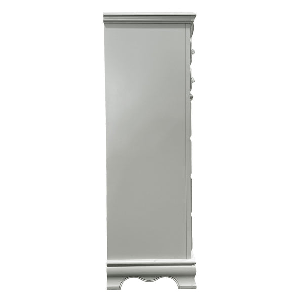 Primrose Gray Chest with Floral Accent Gray wooden cabinet on a white background