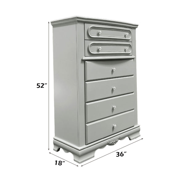 Primrose Gray Chest with Floral Accent A tall light gray wooden chest of drawers with five drawers, shown with dimension labels indicating 52 inches in height, 36 inches in width, and 18 inches in depth on a white background.