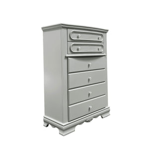 Primrose Gray Chest with Floral Accent A tall, narrow gray wooden chest of drawers with five drawers, featuring ornate drawer pulls and decorative molding on a plain white background.