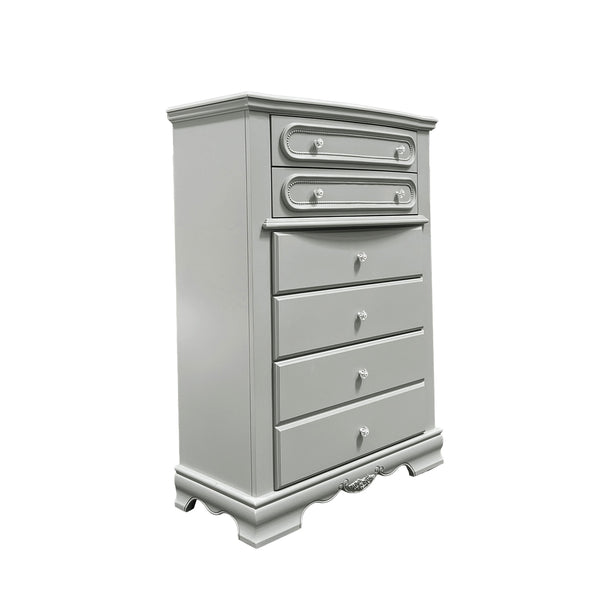 Primrose Gray Chest with Floral Accent A tall, narrow gray wooden chest of drawers with five drawers, featuring ornate drawer pulls and decorative molding on a plain white background.