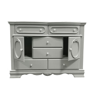 Primrose Gray Dresser with Floral Accent A light gray ornate dresser with six drawers and two open cabinet doors, shown against a plain white background.