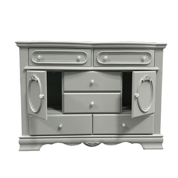 Primrose Gray Dresser with Floral Accent A light gray ornate dresser with six drawers and two open cabinet doors, shown against a plain white background.