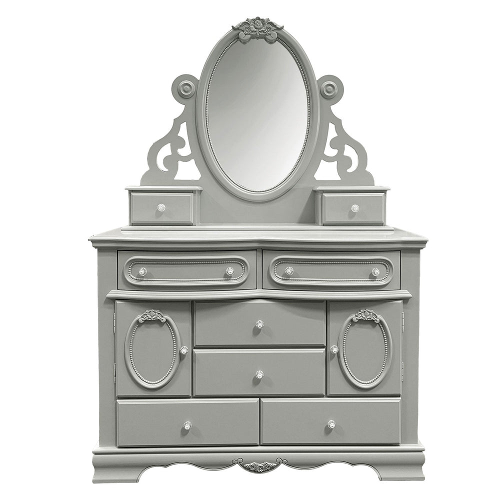 Primrose Gray Dresser with Floral Accent A light gray painted wooden dresser with ornate silver-tone drawer pulls and decorative oval cabinet doors, shown on a plain white background.