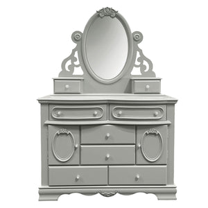 Primrose Gray Dresser with Floral Accent A light gray ornate vanity dresser with an oval mirror, six drawers, and decorative knobs, isolated on a white background.
