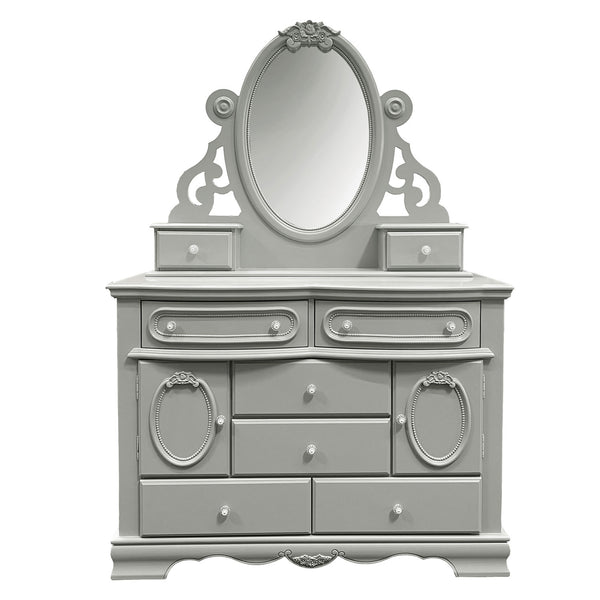 Primrose Gray Dresser with Floral Accent A light gray ornate vanity dresser with an oval mirror, six drawers, and decorative knobs, isolated on a white background.